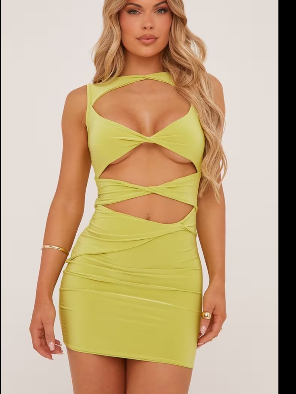 Sleeveless Twist Cut Out Front Mini Bodycon Dress In Lime Green Slinky Ego